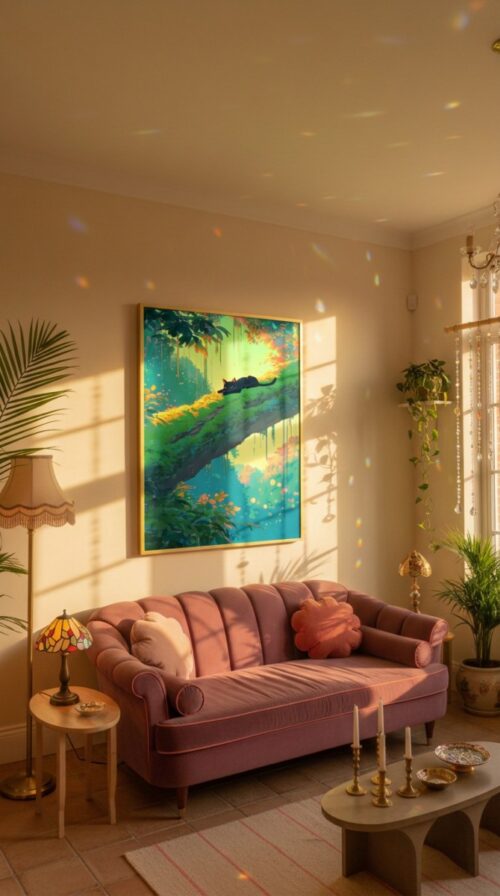 Black-cat-on-a-giant-branch-in-black-cat-woods-028-bcw-sofa-evening Sleeping Black Cat in Morning Forest – Calm Woodland Art