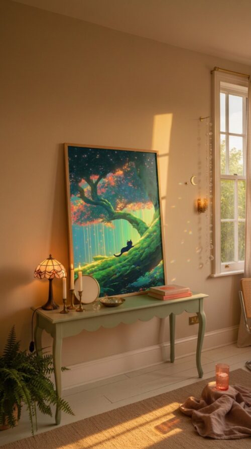 Black-cat-sleeping-in-magical-forest-in-black-cat-woods-030-bcw-console-lean Sleeping Black Cat in Morning Forest – Calm Woodland Art