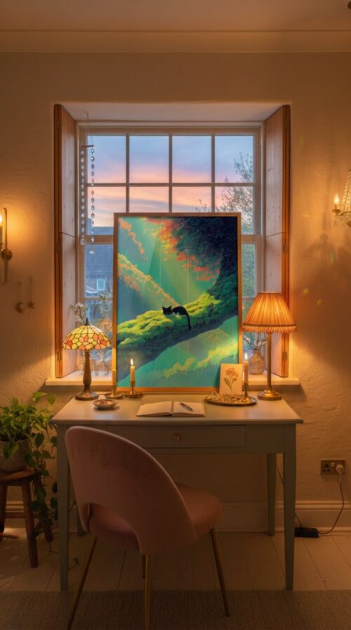 Black-cat-sleeping-in-morning-forest-in-black-cat-woods-031-bcw-desk-quiet Sleeping Black Cat in Morning Forest – Calm Woodland Art