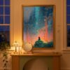 Black Cat In Firefly Glow Forest – Mystical Night Illustration Home Decor