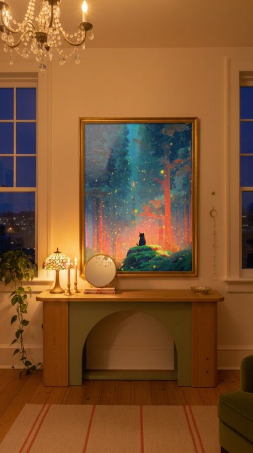 Black Cat In Firefly Glow Forest – Mystical Night Illustration Home Decor
