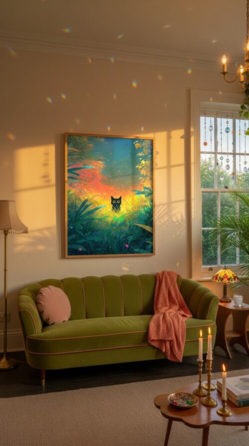 Black Cat among the Colorful Flower Woodland – Fantasy Nature Illustration