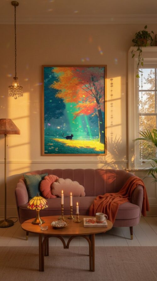 Black-cat-under-autumn-tree-in-black-cat-woods-035-bcw-sofa-evening Black Cat Forest Wall Art – Autumn Tree Forest – Cozy Woodland Printable Art