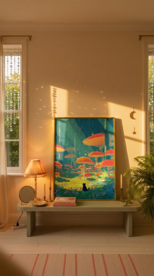 Black-cat-under-giant-mushroom-forest-in-black-cat-woods-036-bcw-console-lean Black Cat & Giant Mushroom Forest – Dreamy Nature Print Decor