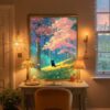 Black-cat-under-pink-blossoms-in-black-cat-woods-037-bcw-desk-quiet Black Cat in Pink Blossom Spring Forest – Fantasy Nature Decor Wall Art