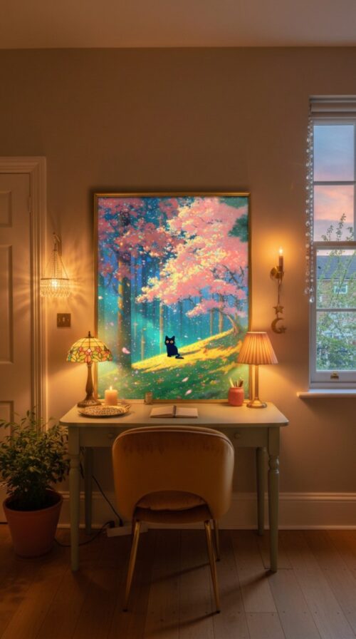 Black-cat-under-pink-blossoms-in-black-cat-woods-037-bcw-desk-quiet Black Cat in Pink Blossom Spring Forest – Fantasy Nature Decor Wall Art