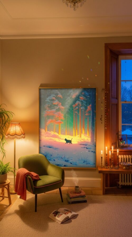 Black Cat Walking in the Magical Winter Night Forest – Mystical Night Art