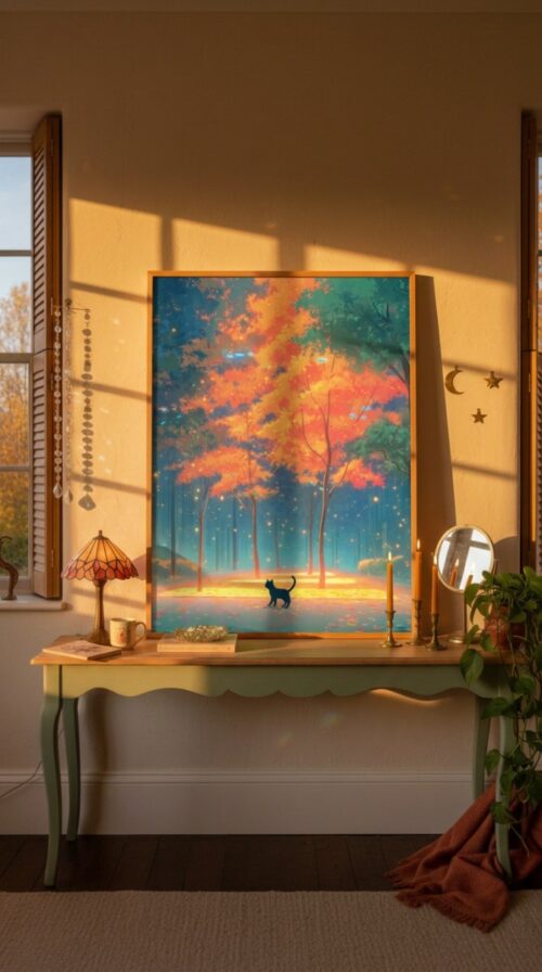Black-cat-walking-under-orange-treees-in-black-cat-woods-039-bcw-console-lean Black Cat Forest Wall Art – Autumn Tree Forest – Cozy Woodland Printable Art