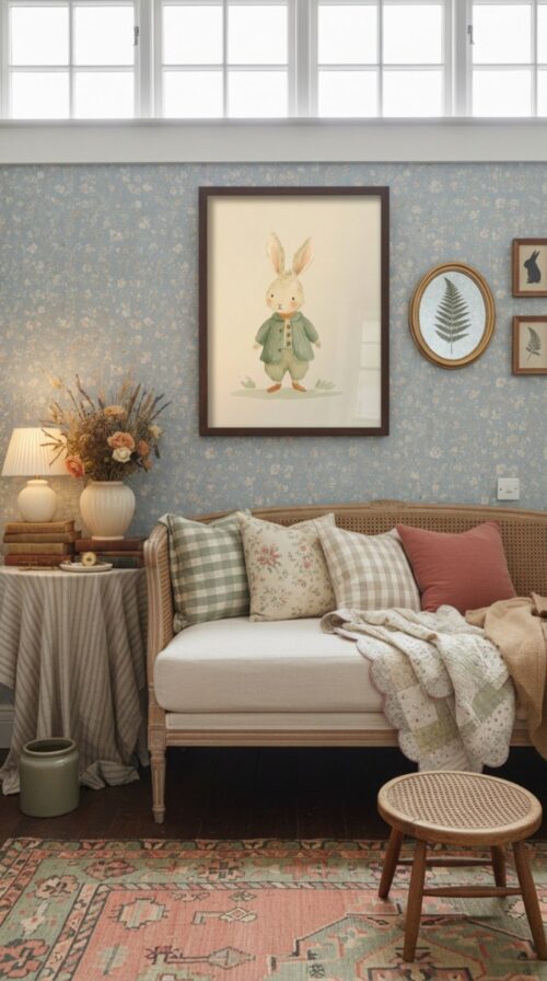 Bunny-cute-in-woodland-friends-016-daybed-corner Baby Bunny Art Print - Neutral Nursery Decor - Cute Rabbit Illustration