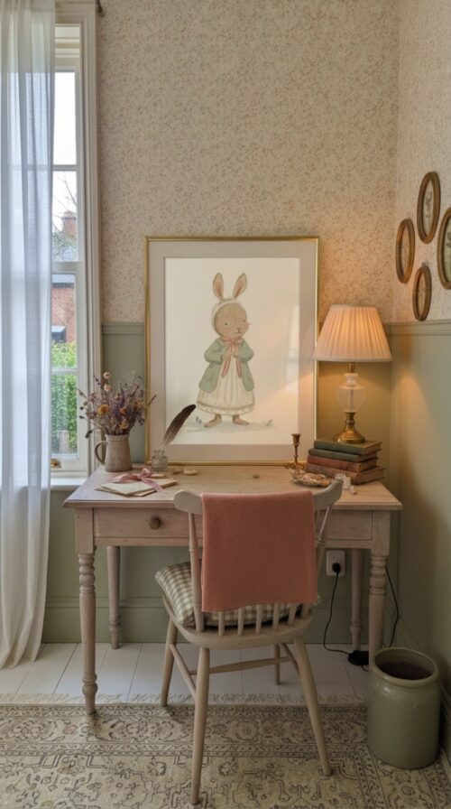 Bunny-girl-1-in-woodland-friends-017-writing-desk Vintage Bunny Girl Print - Rabbit in Dress Art - Cottagecore Room Decor