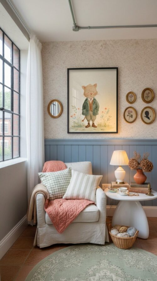 Cat-boy-2-in-woodland-friends-020-reading-corner Vintage Cat Boy Art Print - Kitten in Suit Illustration - Whimsical Nursery Decor