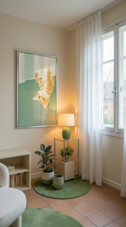 Cat-hanging-from-curtain-in-matcha-cats-028-plant-corner Cat Hiding Behind Curtain - Playful Kitty Print - Hide and Seek Art
