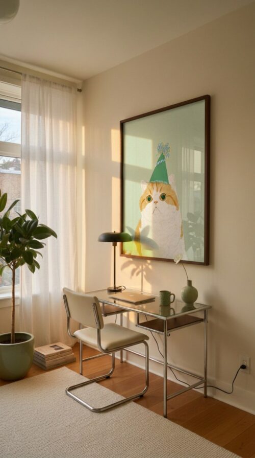 Cat-in-birthday-hat-in-matcha-cats-029-home-office Cat in Birthday Hat Print - Happy Birthday Sign - Celebration Wall Decor