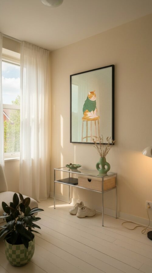 Cat on Stool Art Print - Cozy Sweater Kitty - Sage Green Decor