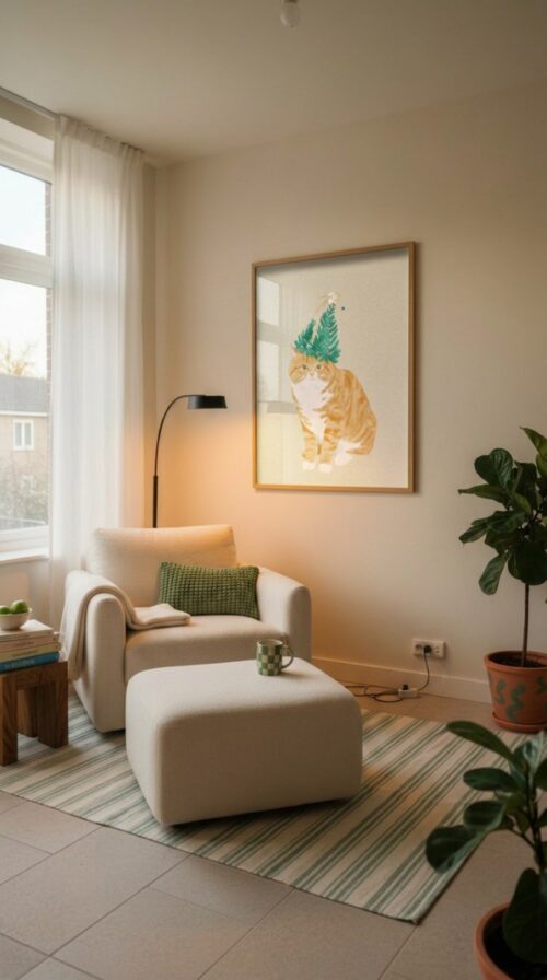 Cat-in-xmas-tree-hat-in-matcha-cats-034-reading-nook Cat in Birthday Hat Print - Happy Birthday Sign - Celebration Wall Decor