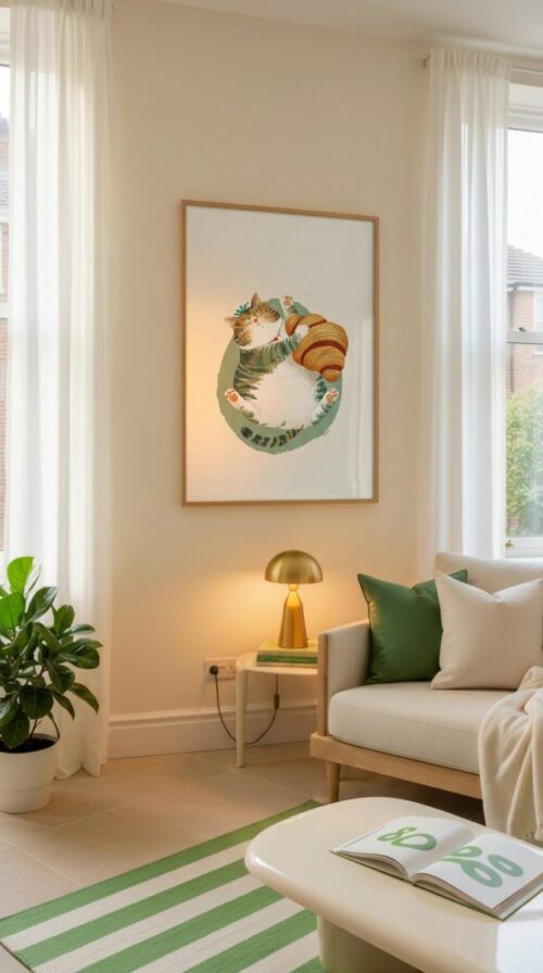 Cat with Croissant - Cute Cat Food Print - Cartoon Pet Art