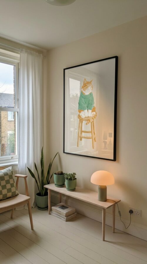 Cat on Stool Art Print - Cozy Sweater Kitty - Sage Green Decor