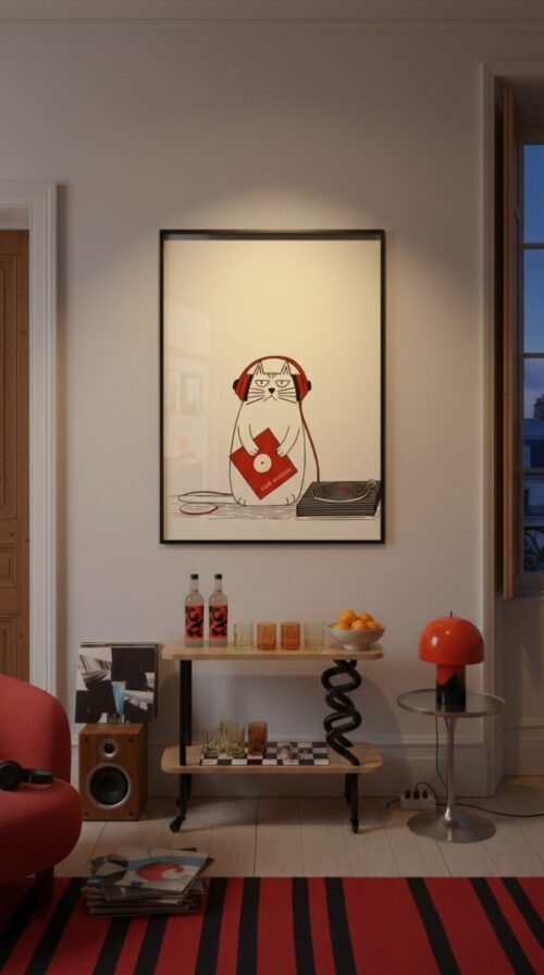 Black Cat with Red Headphones Print, Wall Decor