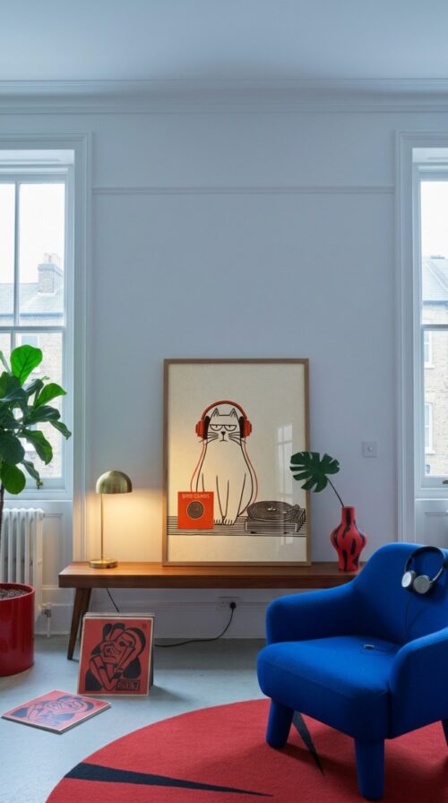 Black Cat with Red Headphones Print, Wall Decor