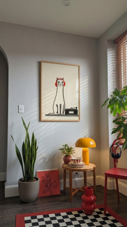 Black Cat with Red Headphones Print, Wall Decor