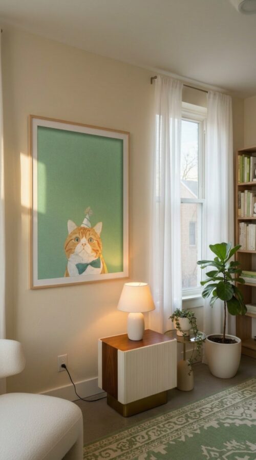 Cat-wearing-bowtie-and-party-hat-in-matcha-cats-052-plant-corner Cat in Birthday Hat Print - Happy Birthday Sign - Celebration Wall Decor