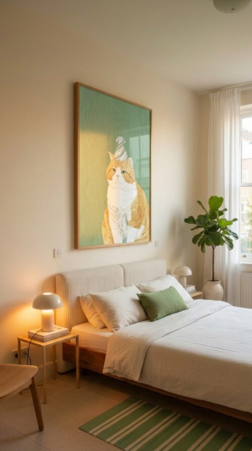 Cat-with-birthday-hat-in-matcha-cats-055-bedroom Cat in Birthday Hat Print - Happy Birthday Sign - Celebration Wall Decor