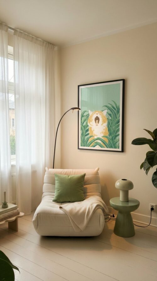 Whimsical Yawning Cat - Dreamy Sleepy Art - Soft Sage Green Decor