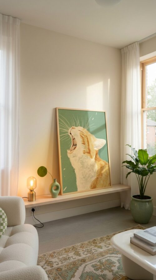Whimsical Yawning Cat - Dreamy Sleepy Art - Soft Sage Green Decor
