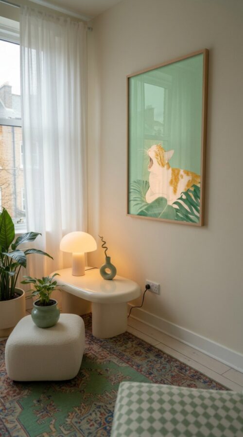 Whimsical Yawning Cat - Dreamy Sleepy Art - Soft Sage Green Decor