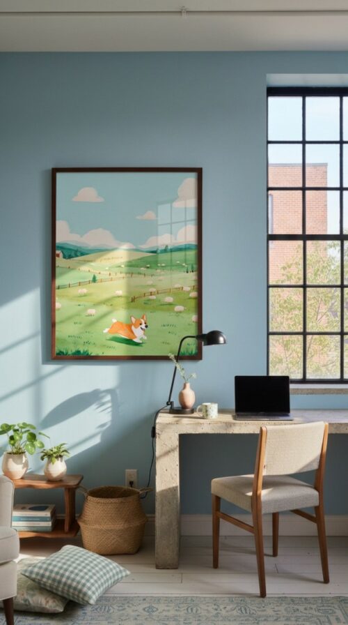 Corgi Pastel Wall Art – Funny Dog Chasing Print – Gift for Corgi Lover