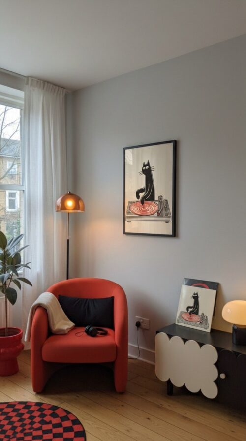 Black Cat Music Studio Decor – Funny DJ Turntable Print – Gift for Cat Lover