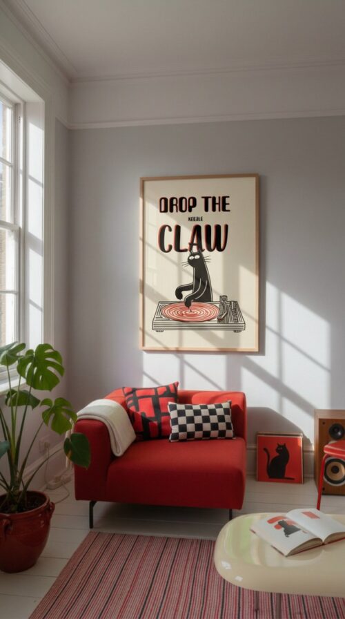 Black Cat Music Studio Decor – Funny DJ Turntable Print – Gift for Cat Lover