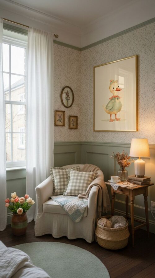 Duck-cute-2-in-woodland-friends-041-reading-corner Adorable Duck Art Print - Spring Nursery Decor - Vintage Storybook Style