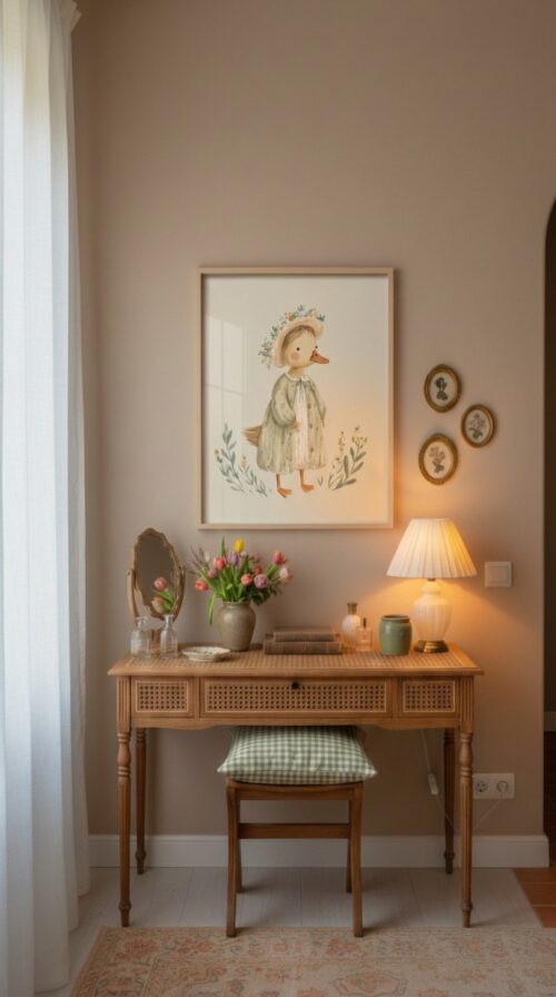 Duck-girl-1-in-woodland-friends-043-vanity-corner Vintage Duck Girl Print - Duck in Bonnet Art - Cottagecore Nursery Decor