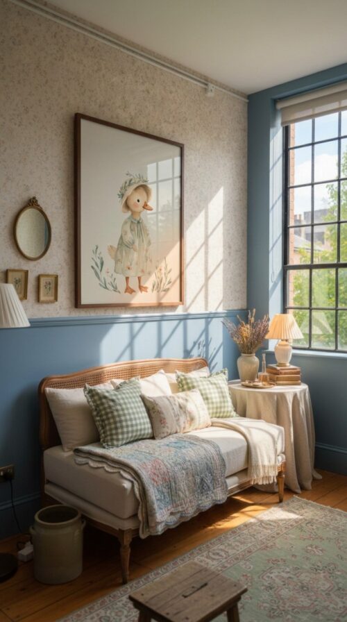 Duck-girl-2-in-woodland-friends-044-daybed-corner Vintage Duck Girl Print - Duck in Bonnet Art - Cottagecore Nursery Decor