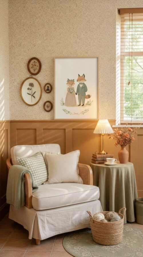 Fox-bride-n-groom-2-in-woodland-friends-055-reading-corner Romantic Fox Wedding Print - Vintage Woodland Couple - Engagement Decor