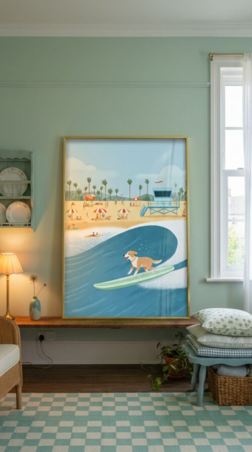 Golden Retriever Art – Funny Dog Surfing Print – Gift for Golden Lover
