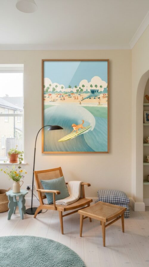 Golden Retriever Art – Funny Dog Surfing Print – Gift for Golden Lover