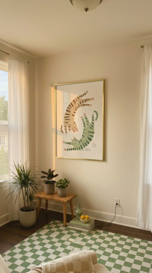 Green-and-beige-cats-in-matcha-cats-068-plant-corner Green and Beige Cats Stretching - Whimsical Pet Art - Gift for Cat Lovers