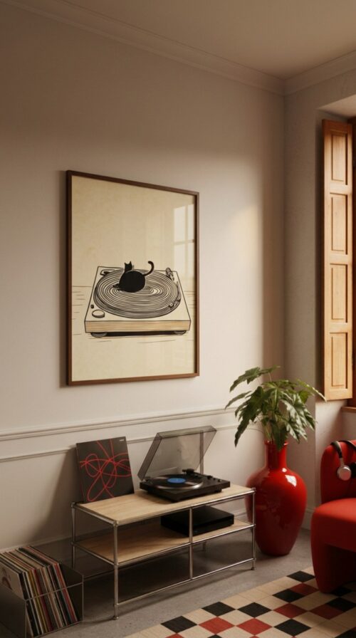 Black cat with Vinyl Red Accent - Gift for Vinyl and Cat Lover