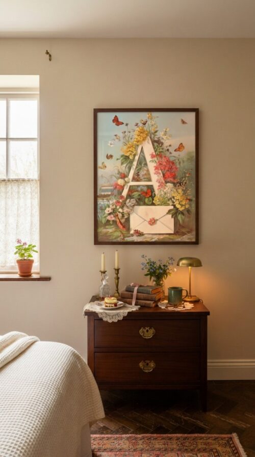 Letter-A_upscaled-in-vintage-garden-002-vgl-walnut-nightstand Letter A Vintage Floral Art Print - Victorian Garden Decor - Antique Botanical Monogram - Wedding Gift