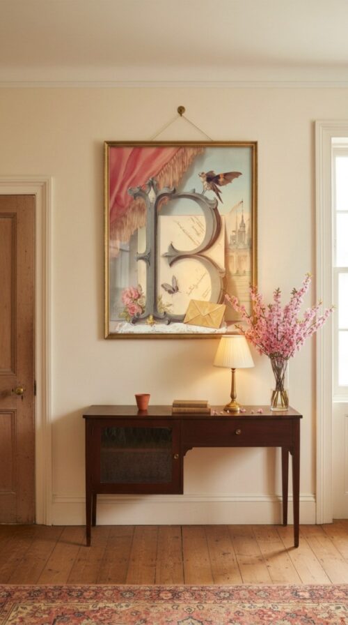 Letter-B-2_upscaled-in-vintage-garden-003-vgl-hall-console Letter B Botanical Monogram Poster - Cottagecore Nursery Decor - Vintage Floral Alphabet Wall Art - Retro Typography