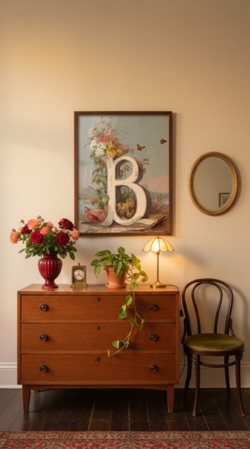 Letter-B_upscaled-in-vintage-garden-004-vgl-cherry-dresser Letter B Botanical Monogram Poster - Cottagecore Nursery Decor - Vintage Floral Alphabet Wall Art - Retro Typography