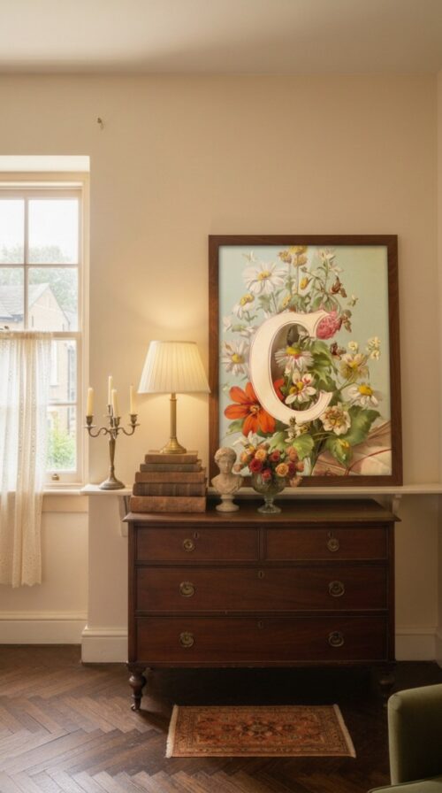 Letter C Botanical Monogram Poster - Cottagecore Nursery Decor - Vintage Floral Alphabet Wall Art - Retro Typography