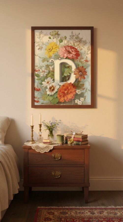 Letter-D_upscaled-in-vintage-garden-008-vgl-walnut-nightstand Letter D Vintage Floral Art Print - Victorian Garden Decor - Antique Botanical Monogram - Wedding Gift