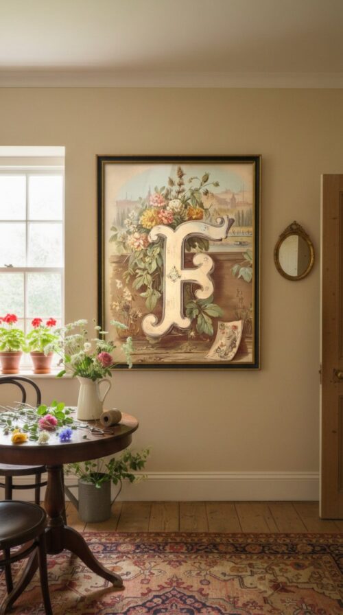 Letter-F-2_upscaled-in-vintage-garden-011-vgl-flower-table Letter F Botanical Monogram Poster - Cottagecore Nursery Decor - Vintage Floral Alphabet Wall Art - Retro Typography