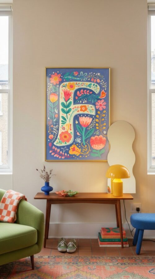 Letter F Floral Art Print -  Floral Initial Nursery Decor - Whimsical Folk Flower Monogram - Baby Name Sign