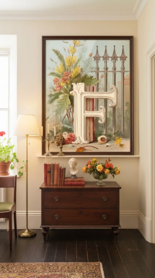 Letter-F_upscaled-in-vintage-garden-012-vgl-mantel-shelf Letter F Botanical Monogram Poster - Cottagecore Nursery Decor - Vintage Floral Alphabet Wall Art - Retro Typography