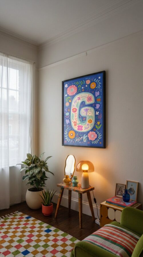 Letter G Floral Art Print - Girl Nursery Initial Poster - Whimsical Folk Flower Monogram - Baby Shower Gift