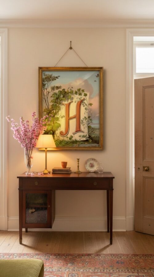 Letter-H-2_upscaled-in-vintage-garden-015-vgl-hall-console Letter H Botanical Monogram Poster - Cottagecore Nursery Decor - Vintage Floral Alphabet Wall Art - Retro Typography